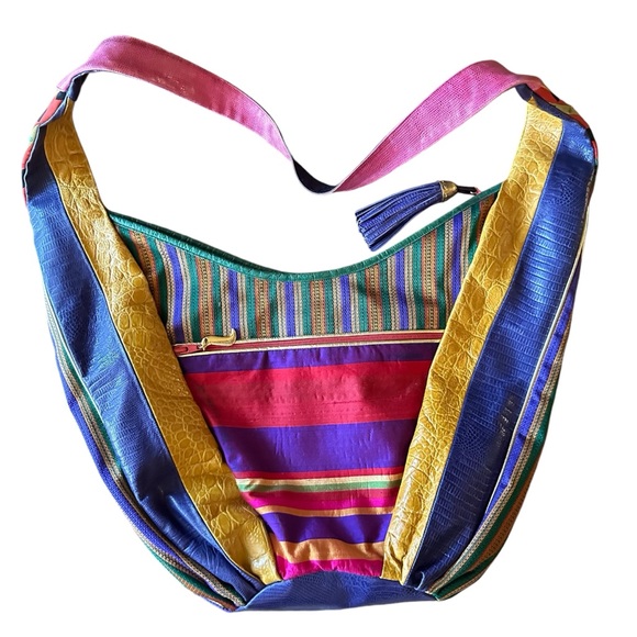 SHARIF Made in USA Multicolor Leather & Fabric Oversized BOHO Shoulder Bag Tote - Picture 2 of 9